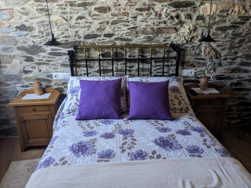 een slaapkamer met een bed met paarse kussens bij Casa Rural El Mayadero in Zamora