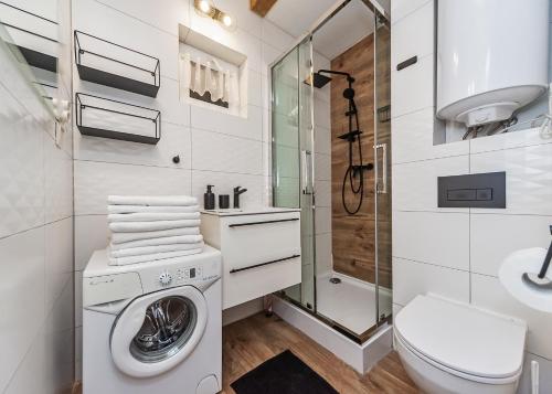 La salle de bains blanche est pourvue d'un lave-linge et d'une douche. dans l'établissement Domek na Hrobaczej, à Międzybrodzie Bialskie