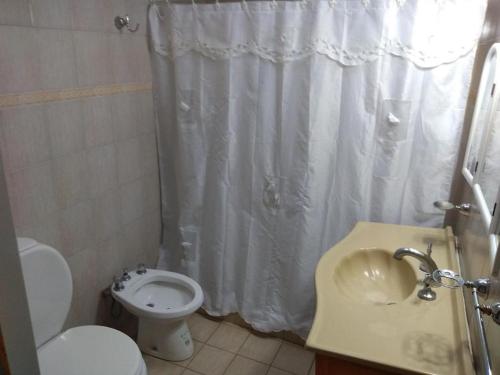 La salle de bains est pourvue d'un rideau de douche blanc et de toilettes. dans l'établissement Hotel Rucalen, à Santa Rosa