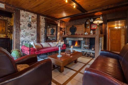 a living room with a couch and a fireplace at Chalet La Voraz in Châtel