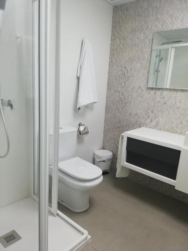 a bathroom with a toilet and a sink and a mirror at Paradise of Dreams Apartamentos - MAREA APARTAMENTO in Adra
