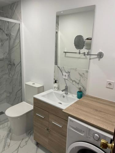 a bathroom with a sink and a washing machine at Mansion Alhamar in Sitio de Calahonda