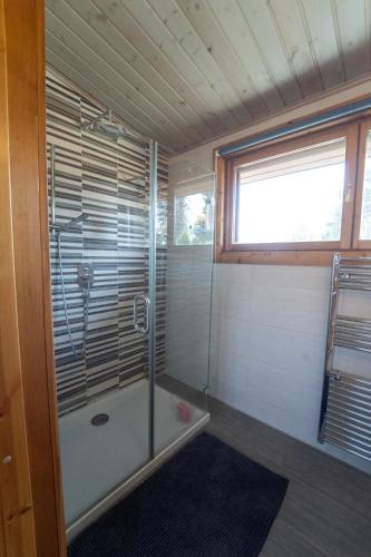 a bathroom with a shower and a glass shower stall at The Flysch in Miríki