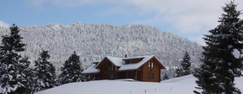 a cabin in the snow with a mountain in the background at The Flysch in Miríki