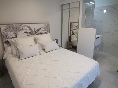 Anse-BertrandにあるVilla Créolénaのベッドルーム1室(大きな白いベッド1台、枕2つ付)