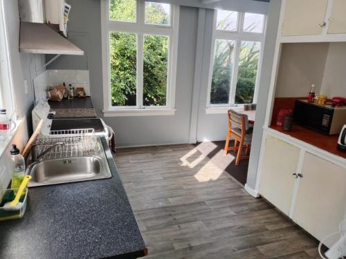 cocina con fregadero y encimera en Lakeside Backpackers en Queenstown