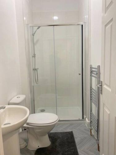 een badkamer met een douche, een toilet en een wastafel bij Bridgewater apartment in Bridgwater