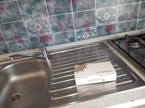 un lavello da cucina con un cartone per la pizza di Cantina Monpissan a Canale