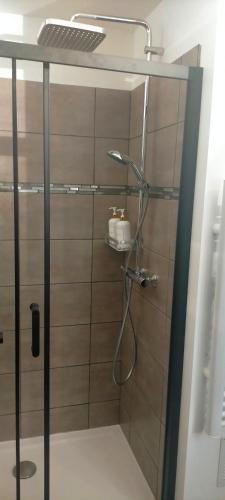 a bathroom with a shower with a glass door at Sixième Sens - 1828 in Charmauvillers