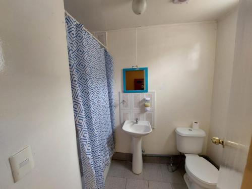 a bathroom with a white toilet and a sink at Residencial RO in Copiapó