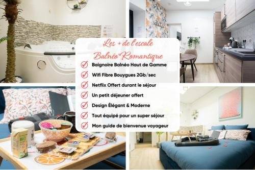un collage de fotos de una sala de estar y una cocina en L'Escale Balnéo'Romantique - Maison Cosy - Jacuzzi en Villiers-sur-Marne