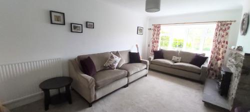 a living room with a couch and a table and a window at Willow Cottage 