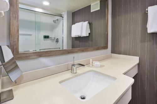 a bathroom with a white sink and a mirror at Courtyard by Marriott Secaucus Meadowlands in Secaucus
