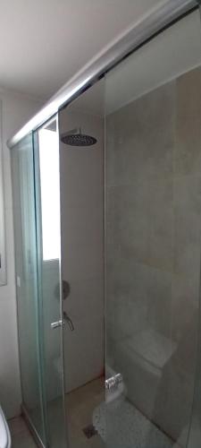 um chuveiro com uma porta de vidro na casa de banho em Departamento Las Marías,2 ambientes-1A- nuevo a 1 cuadra del mar y constitución em Mar del Plata