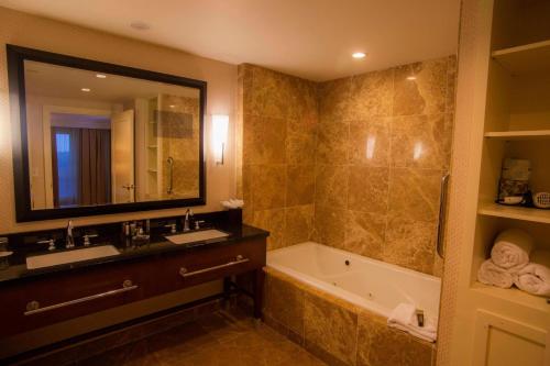 a bathroom with a sink and a tub and a mirror at Macon Marriott City Center in Macon