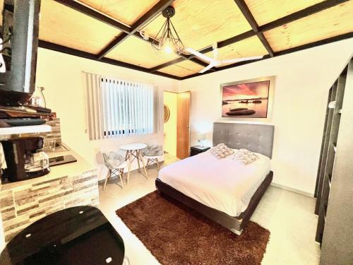 1 dormitorio con 1 cama, mesa y sillas en Citla-9 Hermoso e iluminado departamento, en Ciudad de México