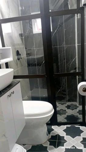 uma casa de banho com um WC branco e um lavatório. em Mirador del fuerte em São Rafael