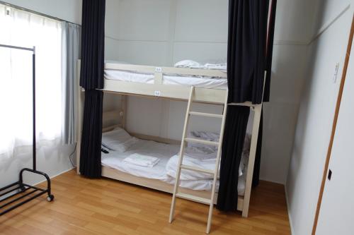 Pokój wieloosobowy z łóżkami piętrowymi i drabiną w obiekcie 東神楽大学ゲストハウス w mieście Higashikagura