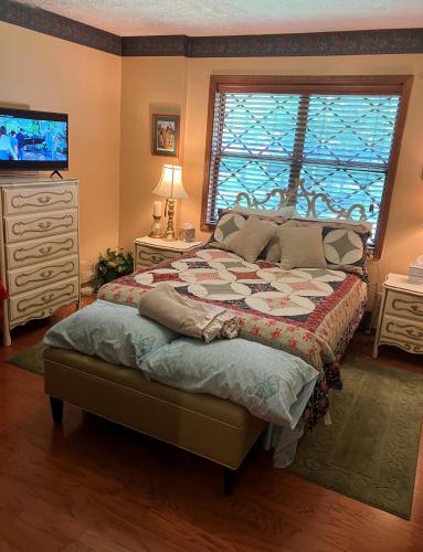 Schlafzimmer mit einem Bett, einem Fenster und einem TV in der Unterkunft Deer Run Villa in Columbus