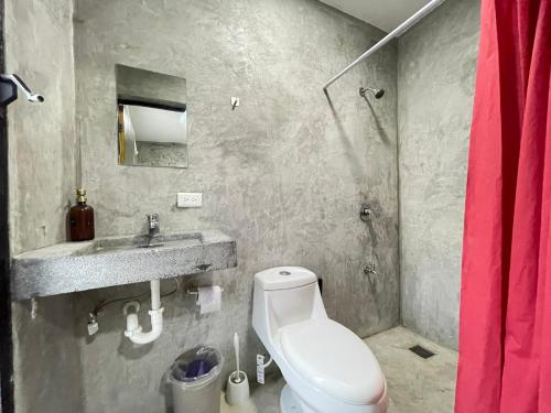 a bathroom with a toilet and a sink and a shower at Casa y departamentos lavanda in Mérida