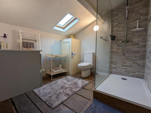 a bathroom with a shower and a toilet and a glass shower at Gîte Cosy à Abzac avec Jardin, Proche Confolens et Services Inclus - FR-1-653-84 in Abzac