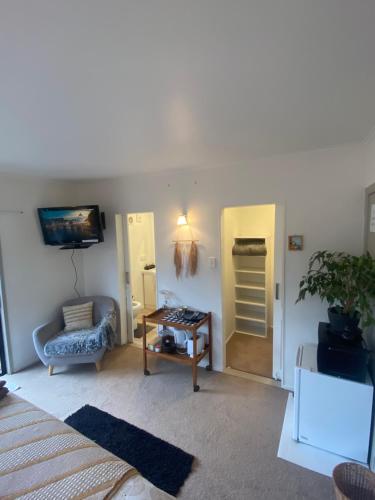 a living room with a bed and a table at Dinsdale oasis and private spa pool in Hamilton