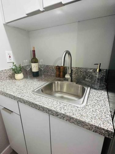 a kitchen counter with a sink and a bottle of wine at Coral Gables Miami Studio near Airport and Beaches in Miami