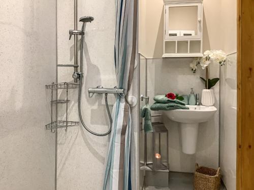 a bathroom with a shower and a sink at Hilton Farm Steadings in Limekilns