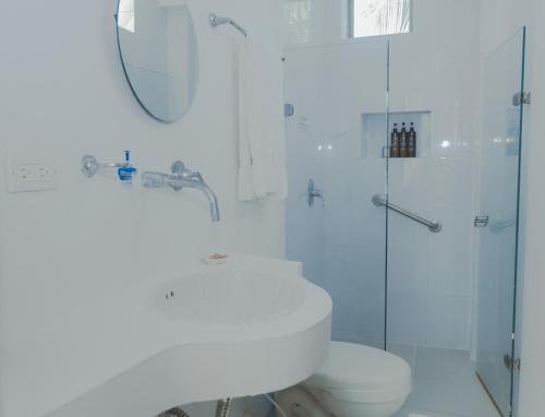 a bathroom with a shower and a toilet and a sink at Hotel San Luis Beach House in San Andrés