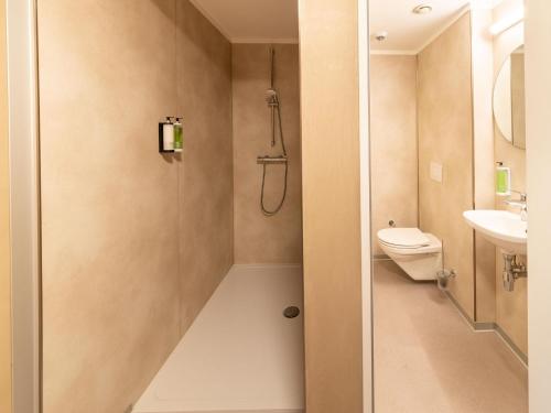 a bathroom with a shower and a toilet and a sink at Luxury Family Holiday Home With Wellness in Binsfeld