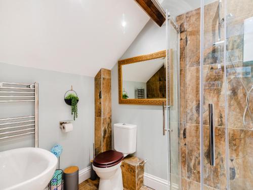 a bathroom with a shower and a toilet and a sink at The Stables - Uk44766 in Ripon