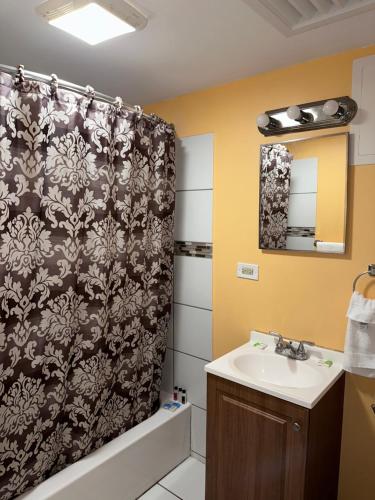 a bathroom with a shower curtain and a sink at Relax Inn in Streator