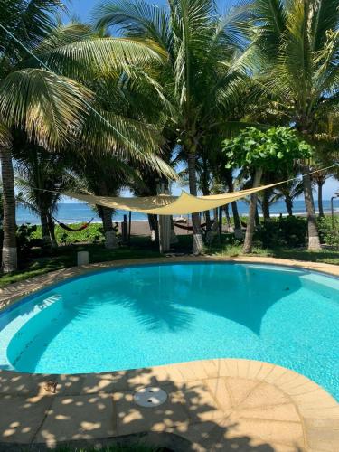 a blue swimming pool with palm trees and a hammock at Casa, Cabo Tortugas, Monterrico in Monterrico