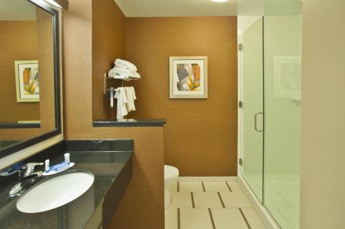 a bathroom with a sink and a shower at Fairfield Inn & Suites by Marriott Jeffersonville I-71 in Jeffersonville