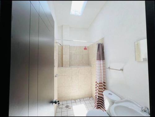 曼萨尼约Casa Completa en Real del Country Alberca y Playa的带淋浴、水槽和马桶的浴室