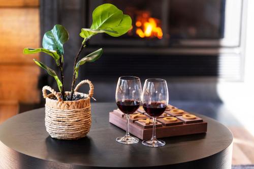 a table with two glasses of wine and a plant at Tremblant chalet O-Spa in Lac-Superieur