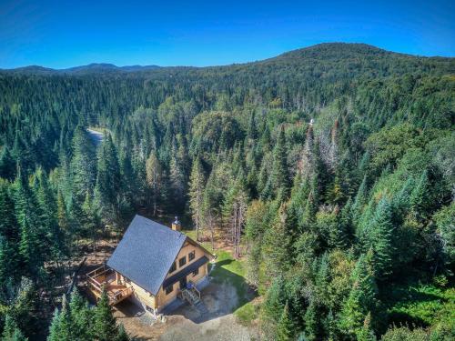an overhead view of a house in the forest at Tremblant chalet O-Spa in Lac-Superieur