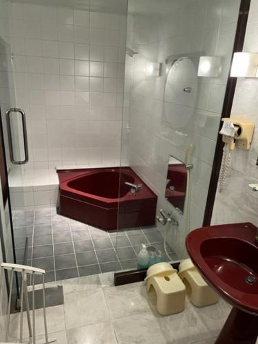 baño con bañera roja y lavamanos en Shingu Central Hotel en Shingu