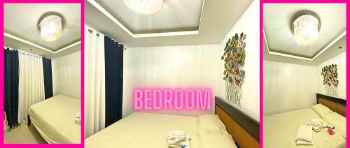 Habitación con 2 camas y 1 dormitorio de color rosa. en Live in style without breaking the bank with our Deluxe Studio Units, complete with a balcony and stunning views of Manila Bay. And that's not all - enjoy FREE access to our sauna and pool, plus an incredible 20% discount this month., en Manila