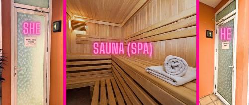 una sauna con un cartel que diga sauna psi en Live in style without breaking the bank with our Deluxe Studio Units, complete with a balcony and stunning views of Manila Bay. And that's not all - enjoy FREE access to our sauna and pool, plus an incredible 20% discount this month., en Manila