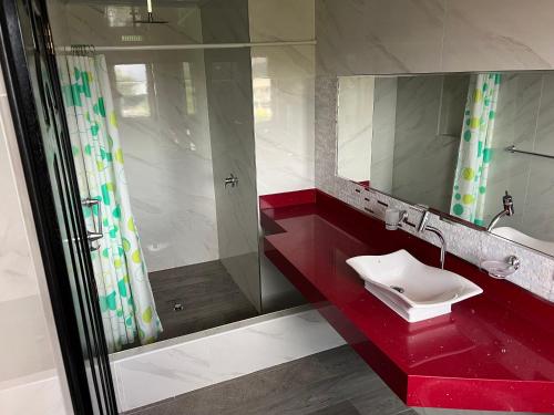 a bathroom with a shower and a sink and a mirror at Casa de Campo Guayllabamba in Quito
