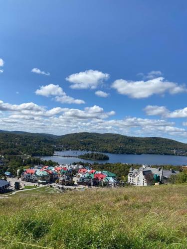 a view of a town and a body of water at Tremblant chalet O-Spa in Lac-Superieur