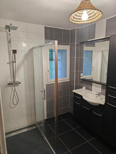 une salle de bain avec douche et lavabo dans l'établissement Villa Delalo, à Barcelonnette