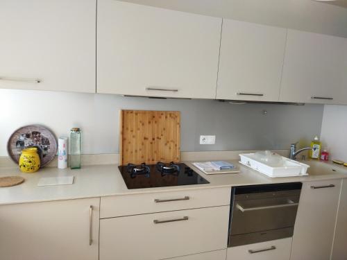 uma cozinha com armários brancos e um lavatório em Le Puy de Dôme em Clermont-Ferrand