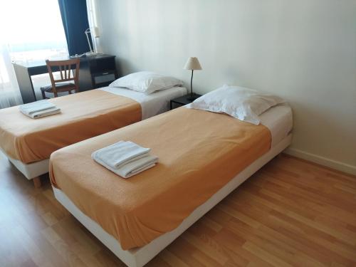 deux lits côte à côte dans une pièce dans l'établissement Le Puy de Dôme, à Clermont-Ferrand