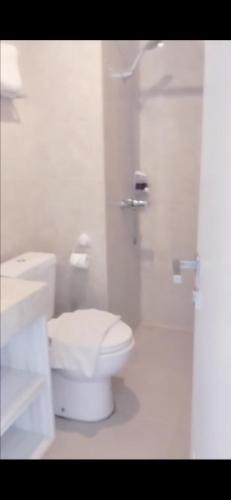 a white bathroom with a toilet and a shower at Aeropolis 803b in Balikpapan