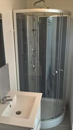 La salle de bains est pourvue d'une douche et d'un lavabo blanc. dans l'établissement Le studio médocain, à Cussac-Fort-Medoc