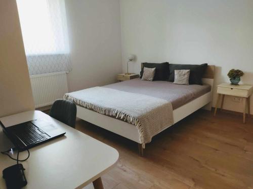 - une chambre avec un lit et un bureau avec un ordinateur portable dans l'établissement Apartment Phoenix, à Štôla