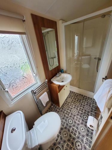 莫珀斯的住宿－Woods Lodge，浴室配有卫生间、盥洗盆和淋浴。