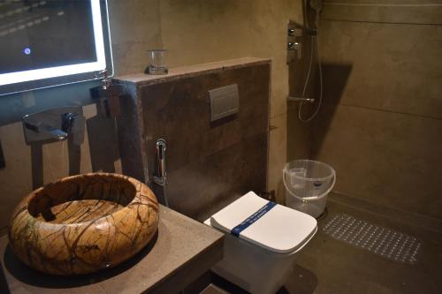 a bathroom with a toilet and a sink and a shower at SScoconest Luxury Service Apartments in Chikmagalūr